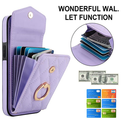 For iPhone 16e Rhombic Texture Card Bag Phone Case with Long Lanyard(Light Purple) - iPhone 16e Cases by buy2fix | Online Shopping UK | buy2fix