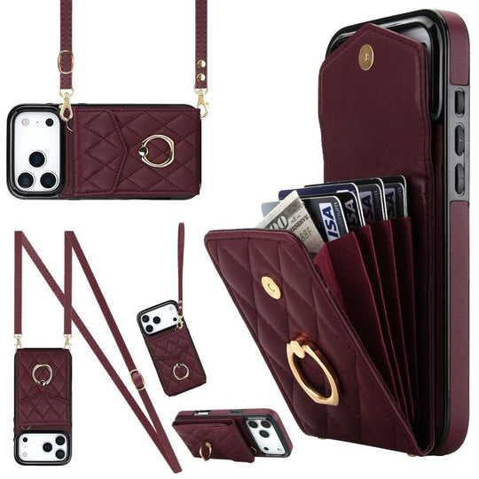For iPhone 18 Pro Max / 17 Pro Max Rhombic Texture Card Bag Phone Case with Long Lanyard(Wine Red)
