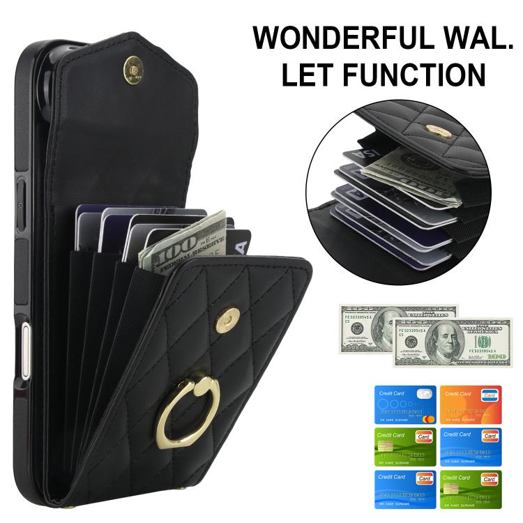 For iPhone Air Rhombic Texture Card Bag Phone Case with Long Lanyard(Black) - iPhone Air Cases by buy2fix | Online Shopping UK | buy2fix