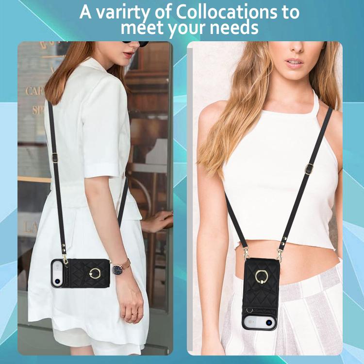 For iPhone Air Rhombic Texture Card Bag Phone Case with Long Lanyard(Black) - iPhone Air Cases by buy2fix | Online Shopping UK | buy2fix
