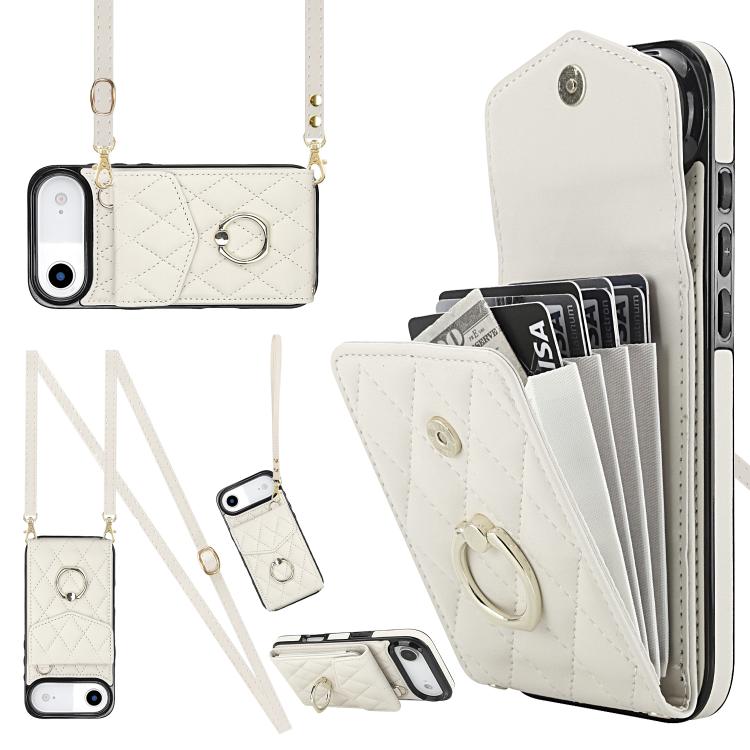 For iPhone Air Rhombic Texture Card Bag Phone Case with Long Lanyard(White) - iPhone Air Cases by buy2fix | Online Shopping UK | buy2fix