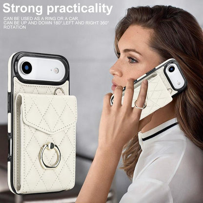 For iPhone Air Rhombic Texture Card Bag Phone Case with Long Lanyard(White) - iPhone Air Cases by buy2fix | Online Shopping UK | buy2fix