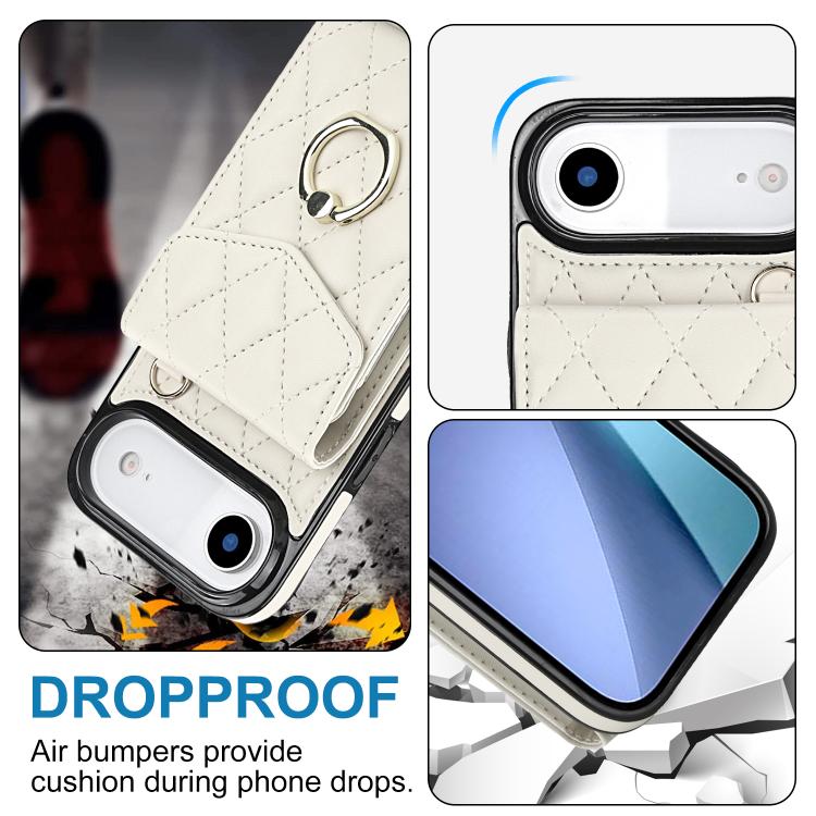 For iPhone Air Rhombic Texture Card Bag Phone Case with Long Lanyard(White) - iPhone Air Cases by buy2fix | Online Shopping UK | buy2fix