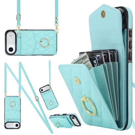 For iPhone Air Rhombic Texture Card Bag Phone Case with Long Lanyard(Mint Green) - iPhone Air Cases by buy2fix | Online Shopping UK | buy2fix