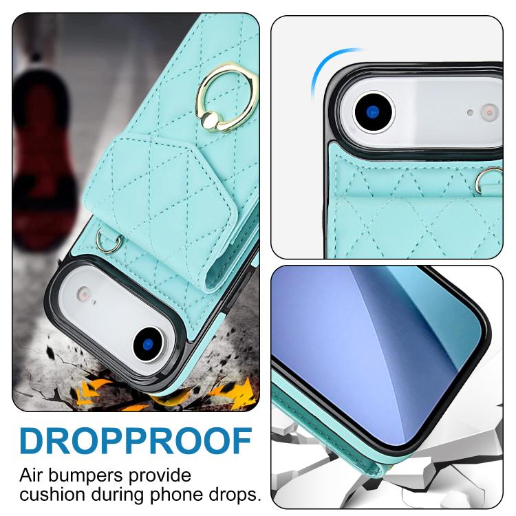 For iPhone Air Rhombic Texture Card Bag Phone Case with Long Lanyard(Mint Green) - iPhone Air Cases by buy2fix | Online Shopping UK | buy2fix