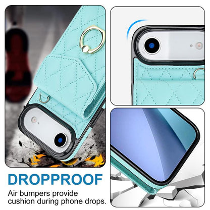 For iPhone Air Rhombic Texture Card Bag Phone Case with Long Lanyard(Mint Green) - iPhone Air Cases by buy2fix | Online Shopping UK | buy2fix