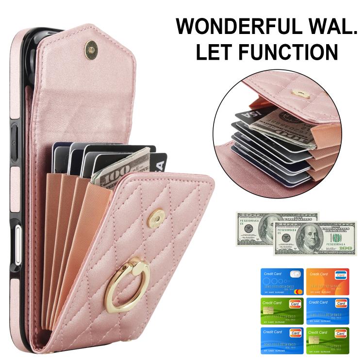 For iPhone Air Rhombic Texture Card Bag Phone Case with Long Lanyard(Rose Gold) - iPhone Air Cases by buy2fix | Online Shopping UK | buy2fix