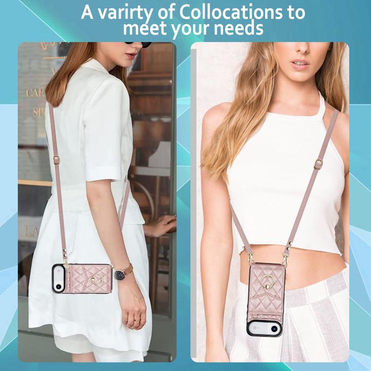 For iPhone Air Rhombic Texture Card Bag Phone Case with Long Lanyard(Rose Gold) - iPhone Air Cases by buy2fix | Online Shopping UK | buy2fix