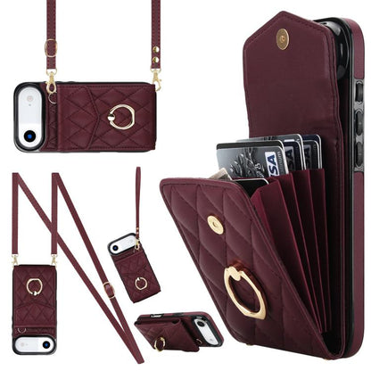 For iPhone Air Rhombic Texture Card Bag Phone Case with Long Lanyard(Wine Red) - iPhone Air Cases by buy2fix | Online Shopping UK | buy2fix