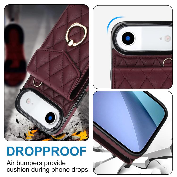 For iPhone Air Rhombic Texture Card Bag Phone Case with Long Lanyard(Wine Red) - iPhone Air Cases by buy2fix | Online Shopping UK | buy2fix