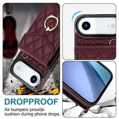 For iPhone Air Rhombic Texture Card Bag Phone Case with Long Lanyard(Wine Red) - iPhone Air Cases by buy2fix | Online Shopping UK | buy2fix
