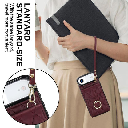 For iPhone Air Rhombic Texture Card Bag Phone Case with Long Lanyard(Wine Red) - iPhone Air Cases by buy2fix | Online Shopping UK | buy2fix