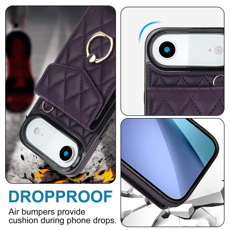 For iPhone Air Rhombic Texture Card Bag Phone Case with Long Lanyard(Dark Purple) - iPhone Air Cases by buy2fix | Online Shopping UK | buy2fix