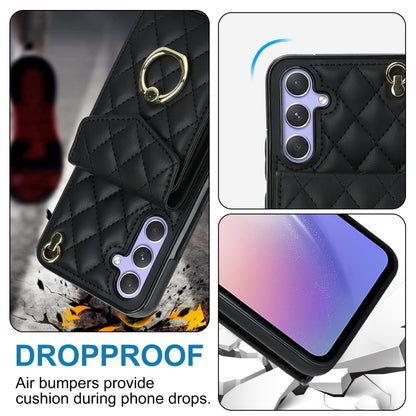 For Samsung Galaxy A54 5G Rhombic Texture Card Bag Phone Case with Long Lanyard(Black) by buy2fix