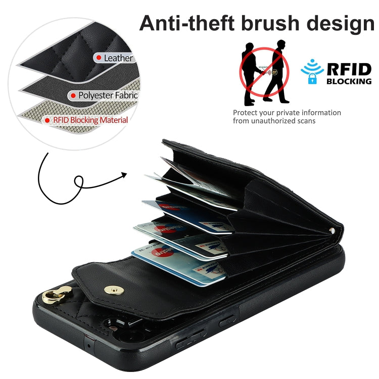 For Samsung Galaxy A54 5G Rhombic Texture Card Bag Phone Case with Long Lanyard(Black) by buy2fix