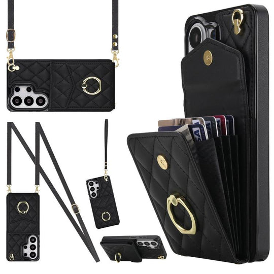For Samsung Galaxy S26 Ultra 5G Rhombic Texture Card Bag Phone Case with Long Lanyard(Black)