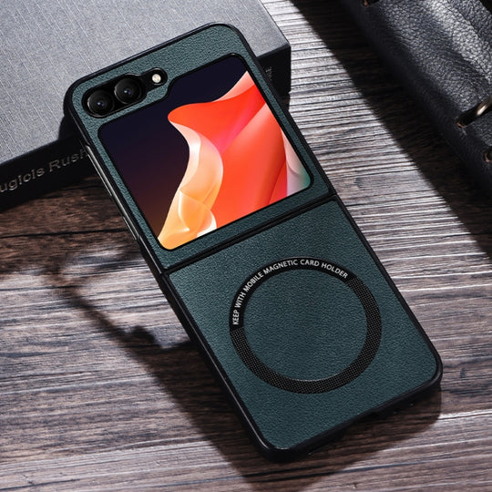 For Samsung Galaxy Z Flip6 / Flip7 FE Magsafe Magnetic Ring Leather Texture Phone Case(Green)