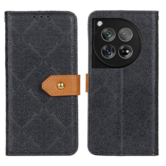 For OnePlus 12 European Floral Embossed Flip Leather Phone Case(Black) by buy2fix