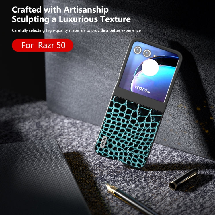 For Motorola Razr 50 ABEEL Genuine Leather Crocodile Pattern Black Edge Phone Case(Blue) by buy2fix