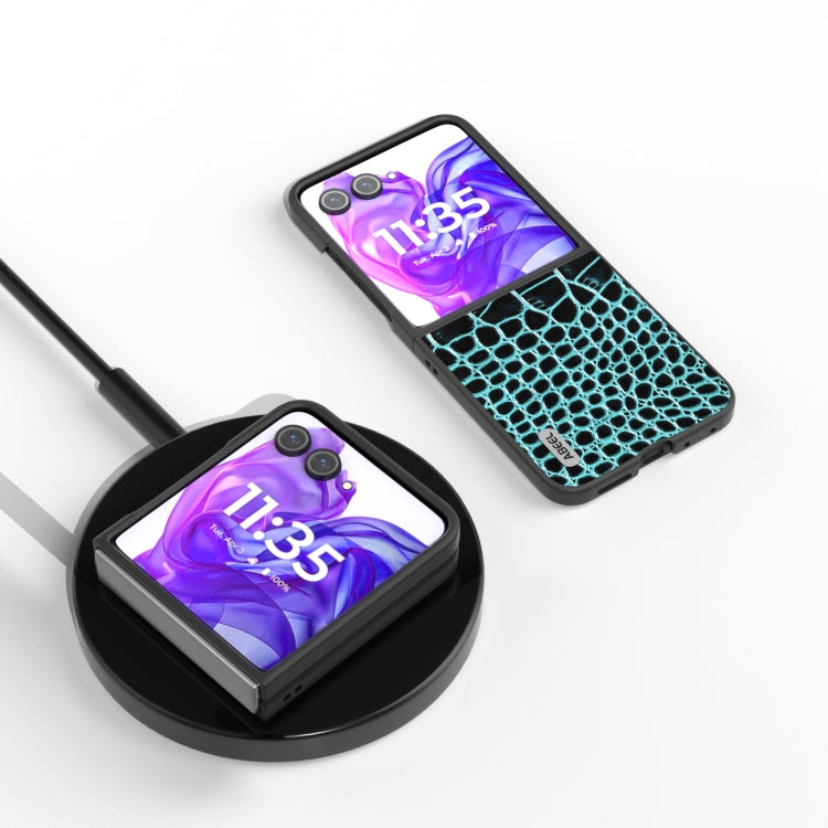 For Motorola Razr 50 Ultra ABEEL Genuine Leather Crocodile Pattern Black Edge Phone Case(Blue) by buy2fix