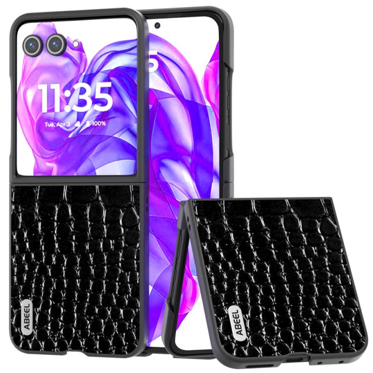 For Motorola Razr 50 Ultra ABEEL Genuine Leather Crocodile Pattern Black Edge Phone Case(Black)