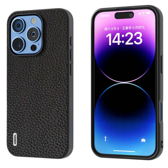 For iPhone 16 Pro Max ABEEL Genuine Leather Litchi Texture Phone Case(Black)