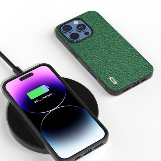 For iPhone 16 Pro Max ABEEL Genuine Leather Litchi Texture Phone Case(Green) by buy2fix