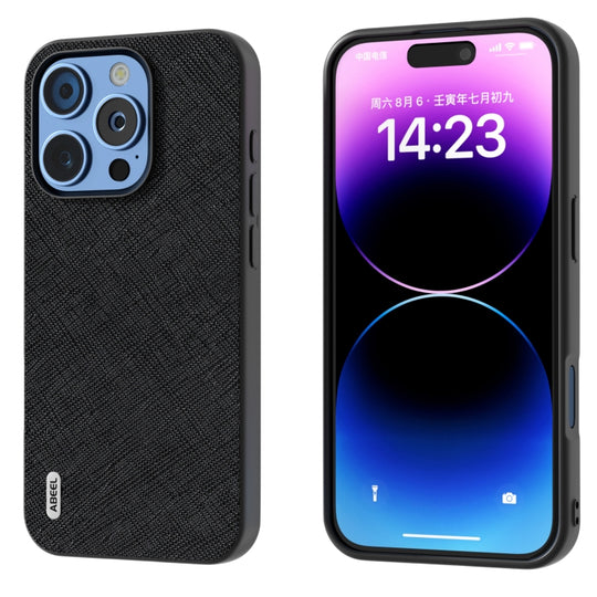 For iPhone 16 Pro ABEEL Cross Texture Genuine Leather Phone Case(Black)