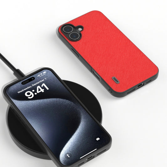 For iPhone 16 Plus ABEEL Cross Texture Genuine Leather Phone Case(Red) by buy2fix