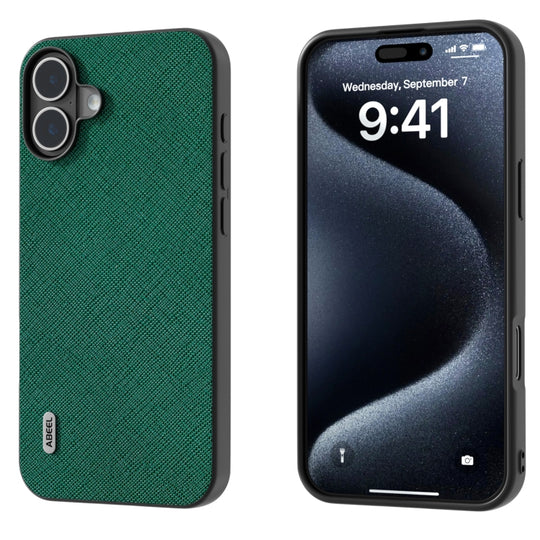 For iPhone 16 ABEEL Cross Texture Genuine Leather Phone Case(Green)