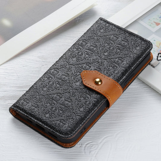 For iPhone 16 European Floral Embossed Leather Phone Case(Black) by buy2fix