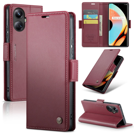 For Realme 10 Pro+ CaseMe 023 Butterfly Buckle Litchi Texture RFID Anti-theft Leather Phone Case(Wine Red)