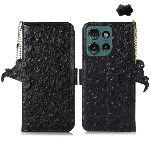 For Motorola Edge 50 Neo Ostrich Pattern Genuine Leather RFID Phone Case(Black) - Motorola Cases by buy2fix | Online Shopping UK | buy2fix