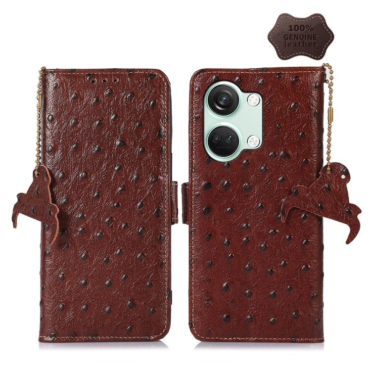 For OnePlus Nord 3 / Ace 2V Ostrich Pattern Genuine Leather RFID Phone Case(Coffee) - OnePlus Cases by buy2fix | Online Shopping UK | buy2fix