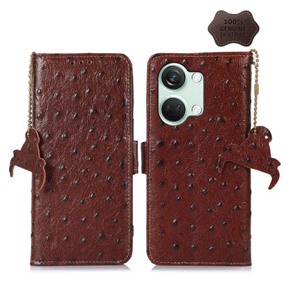 For OnePlus Nord 3 / Ace 2V Ostrich Pattern Genuine Leather RFID Phone Case(Coffee) - OnePlus Cases by buy2fix | Online Shopping UK | buy2fix