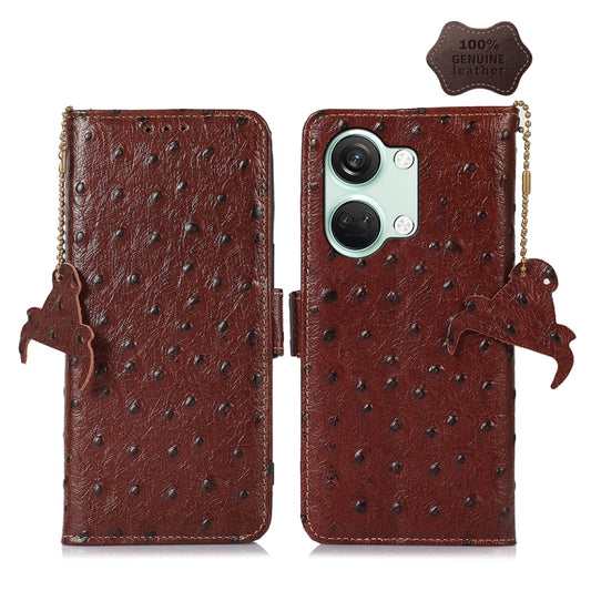 For OnePlus Nord 3 / Ace 2V Ostrich Pattern Genuine Leather RFID Phone Case(Coffee) - OnePlus Cases by buy2fix | Online Shopping UK | buy2fix