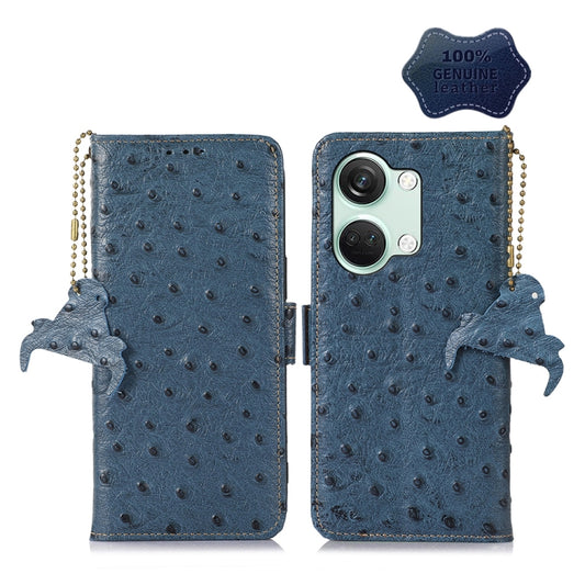 For OnePlus Nord 3 / Ace 2V Ostrich Pattern Genuine Leather RFID Phone Case(Blue) - OnePlus Cases by buy2fix | Online Shopping UK | buy2fix