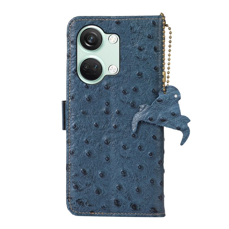 For OnePlus Nord 3 / Ace 2V Ostrich Pattern Genuine Leather RFID Phone Case(Blue) - OnePlus Cases by buy2fix | Online Shopping UK | buy2fix