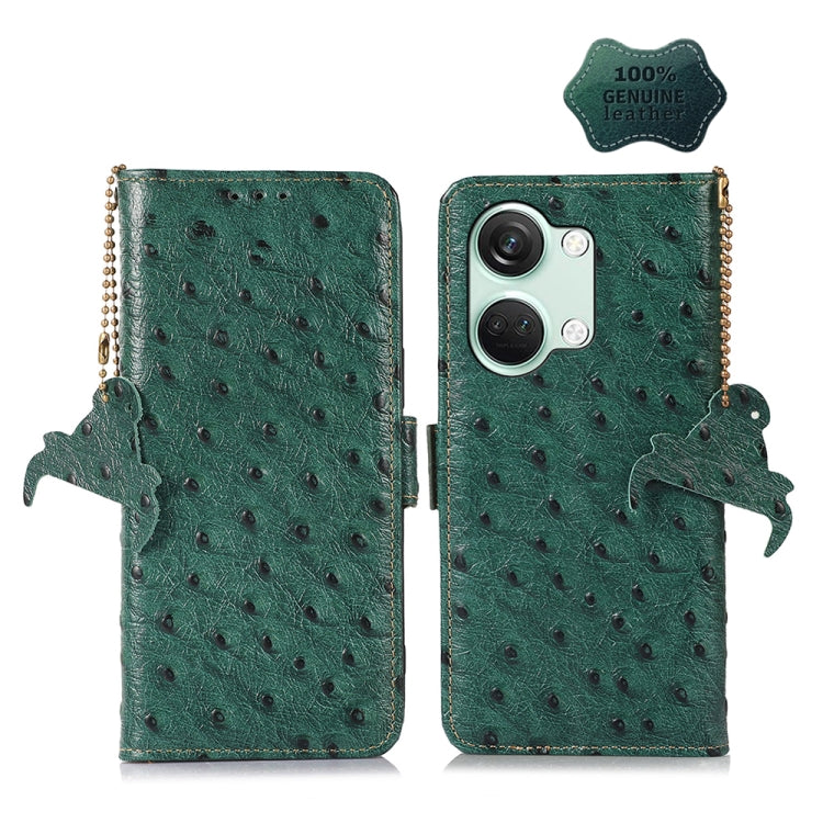 For OnePlus Nord 3 / Ace 2V Ostrich Pattern Genuine Leather RFID Phone Case(Green) - OnePlus Cases by buy2fix | Online Shopping UK | buy2fix