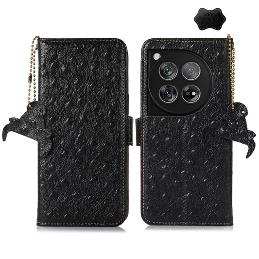 For OnePlus 12 Ostrich Pattern Genuine Leather RFID Phone Case(Black) - OnePlus Cases by buy2fix | Online Shopping UK | buy2fix