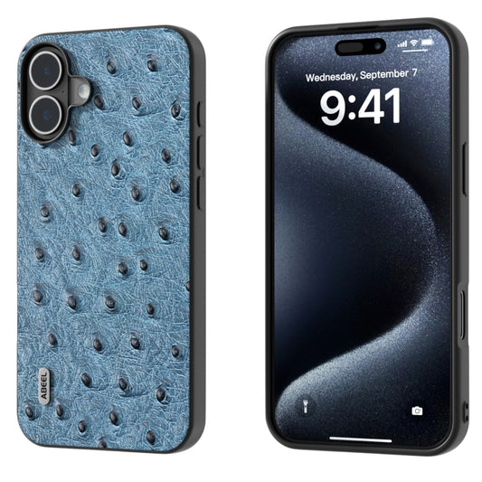 For iPhone 16 ABEEL Genuine Leather Ostrich Texture Phone Case(Blue) - iPhone 16 Cases by buy2fix | Online Shopping UK | buy2fix