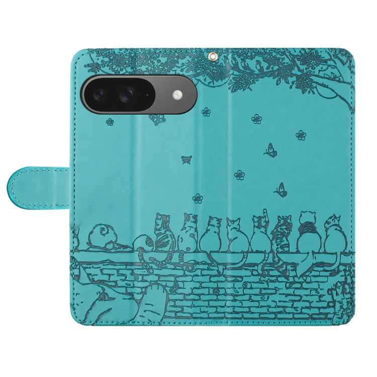 For Google Pixel 9 / 9 Pro Cat Embossing Pattern Leather Phone Case with Lanyard(Blue) - Google Cases by buy2fix | Online Shopping UK | buy2fix