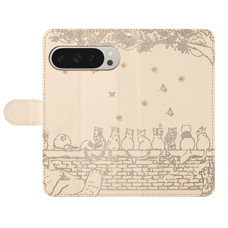 For Google Pixel 9 Pro XL Cat Embossing Pattern Leather Phone Case with Lanyard(Beige) - Google Cases by buy2fix | Online Shopping UK | buy2fix