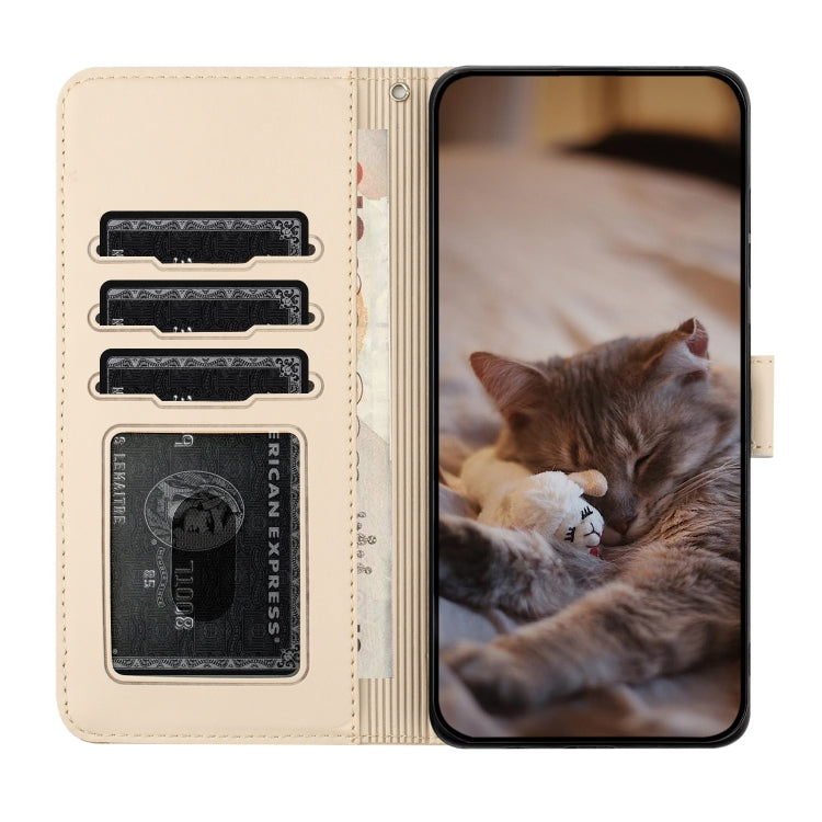 For iPhone 16 Pro Max Cat Embossing Pattern Leather Phone Case with Lanyard(Beige) - iPhone 16 Pro Max Cases by buy2fix | Online Shopping UK | buy2fix