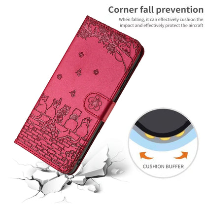 For iPhone 16 Plus Cat Embossing Pattern Leather Phone Case with Lanyard(Red) - iPhone 16 Plus Cases by buy2fix | Online Shopping UK | buy2fix