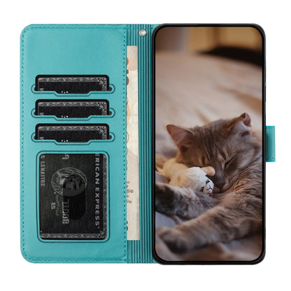 For iPhone 16 Plus Cat Embossing Pattern Leather Phone Case with Lanyard(Blue) - iPhone 16 Plus Cases by buy2fix | Online Shopping UK | buy2fix