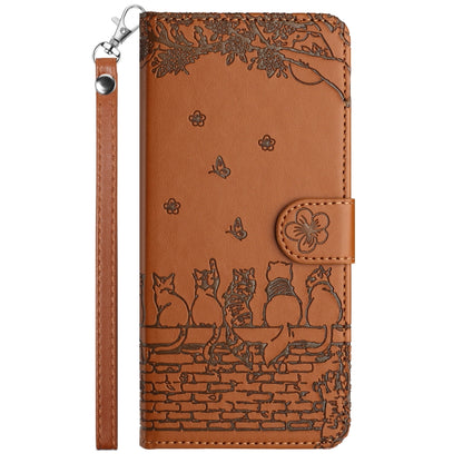 For iPhone 16 Plus Cat Embossing Pattern Leather Phone Case with Lanyard(Brown) - iPhone 16 Plus Cases by buy2fix | Online Shopping UK | buy2fix