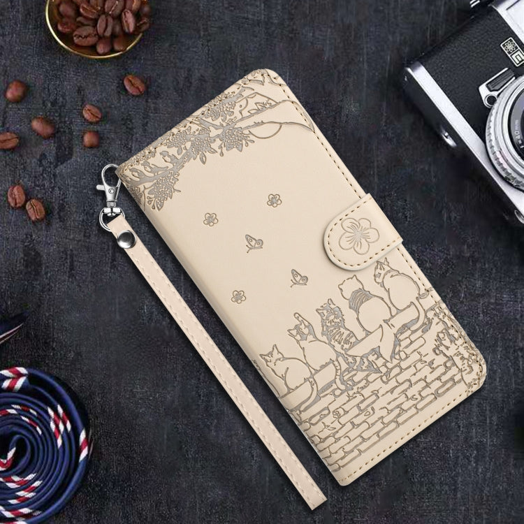 For iPhone 16 Plus Cat Embossing Pattern Leather Phone Case with Lanyard(Beige) - iPhone 16 Plus Cases by buy2fix | Online Shopping UK | buy2fix