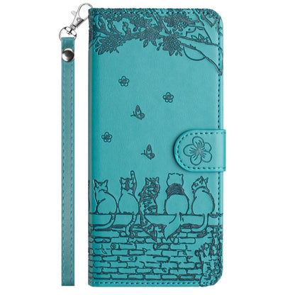 For iPhone 16 Cat Embossing Pattern Leather Phone Case with Lanyard(Blue) - iPhone 16 Cases by buy2fix | Online Shopping UK | buy2fix