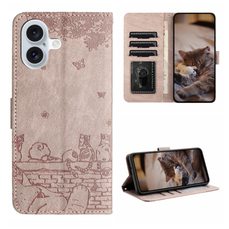 For iPhone 16 Cat Embossing Pattern Leather Phone Case with Lanyard(Grey) - iPhone 16 Cases by buy2fix | Online Shopping UK | buy2fix